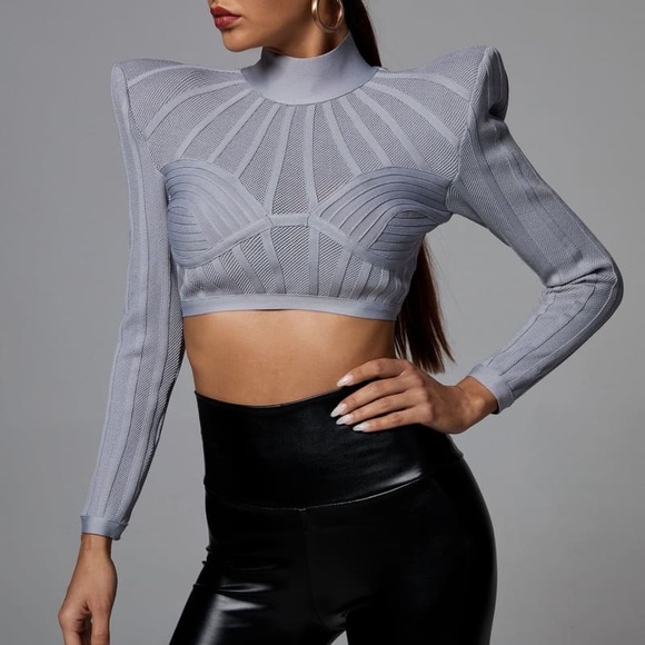 Private Label Runway Tops - NWT. Gray Structured Long-Sleeve Crop Top